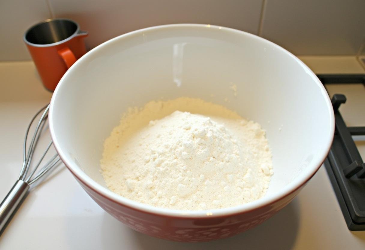 Mélange des ingrédients secs pour faire la tarte au sucre, y compris le sucre, la farine et la levure, dans un bol de mélange en cuisine.