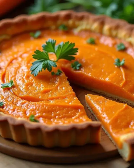Présentation de la tarte aux carottes sucrée salée sur une table en bois, mettant en valeur une part découpée et ornée d'herbes fraîches.