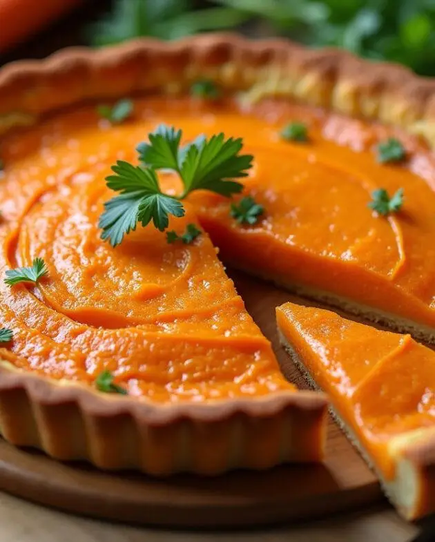 Présentation de la tarte aux carottes sucrée salée sur une table en bois, mettant en valeur une part découpée et ornée d'herbes fraîches.