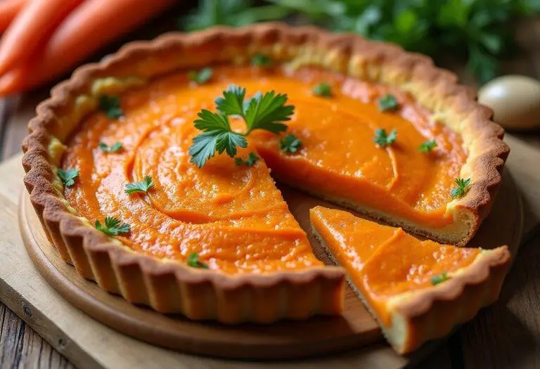Présentation de la tarte aux carottes sucrée salée sur une table en bois, mettant en valeur une part découpée et ornée d'herbes fraîches.