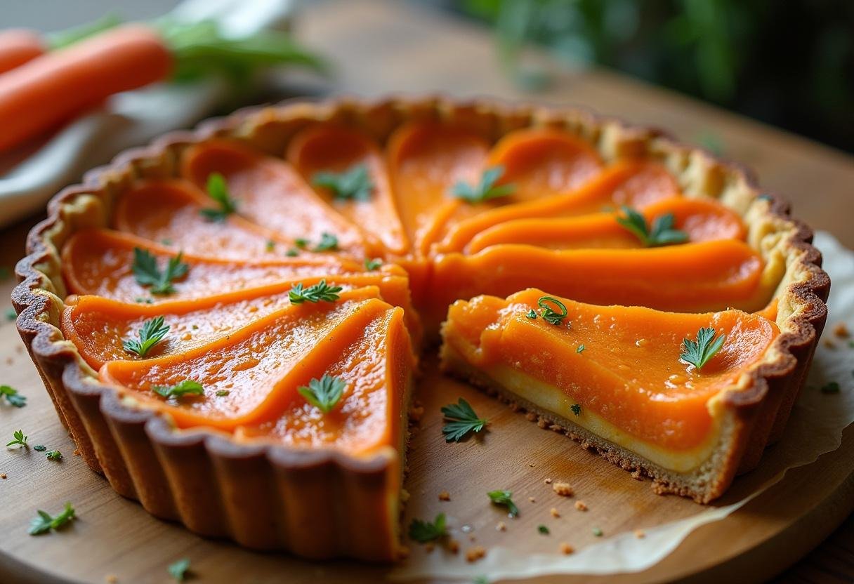 Présentation de la tarte aux carottes sucrée salée sur une table en bois, mettant en valeur une part découpée et ornée d'herbes fraîches.