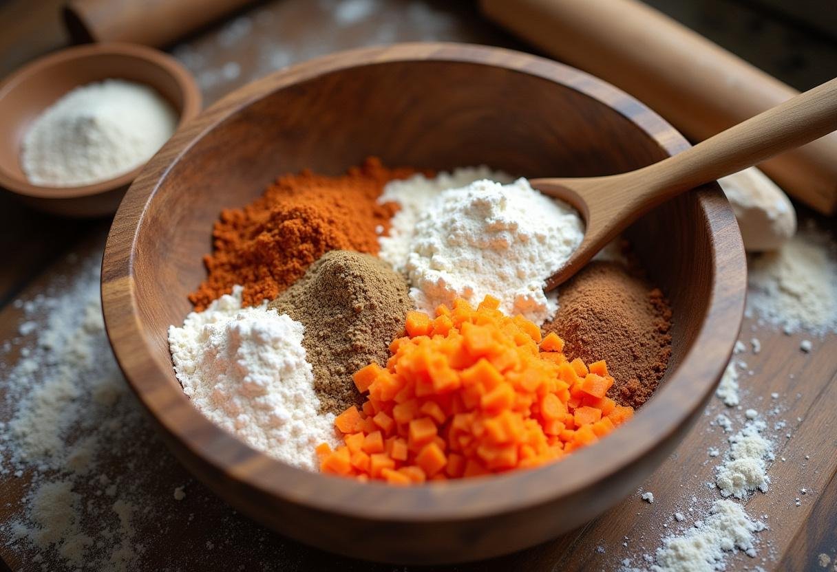 Mélange d'ingrédients pour la tarte aux carottes sur un comptoir de cuisine rustique, incluant des carottes râpées, de la farine et des épices.