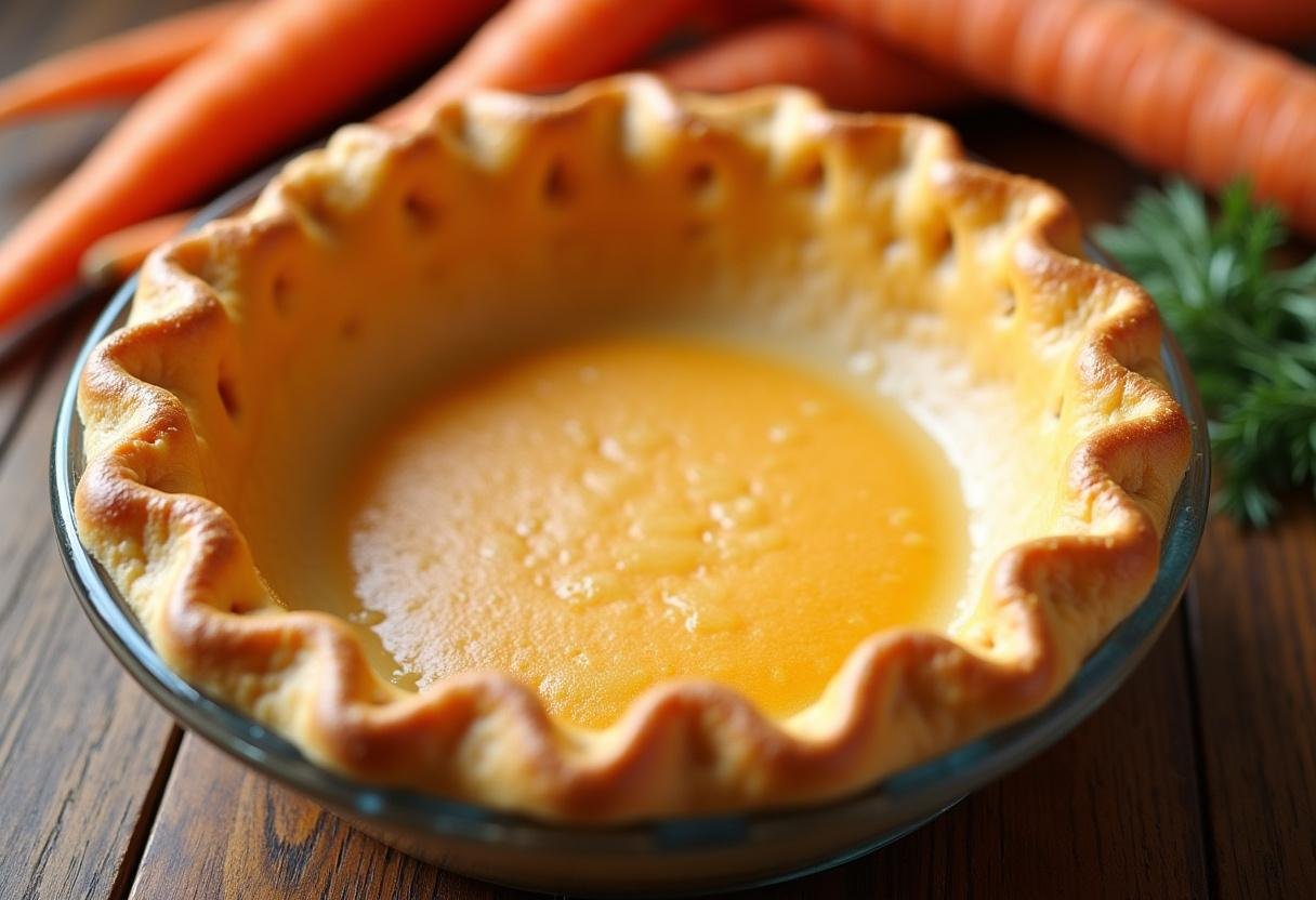 Préparation de la croûte de tarte aux carottes dans un plat à tarte, entouré de carottes fraîches sur un fond de cuisine chaleureuse.