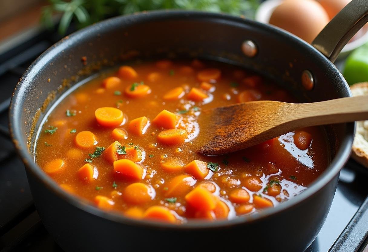 Cuisson de la garniture de la tarte aux carottes sucrée salée dans une casserole sur le feu, avec des herbes fraîches en arrière-plan.