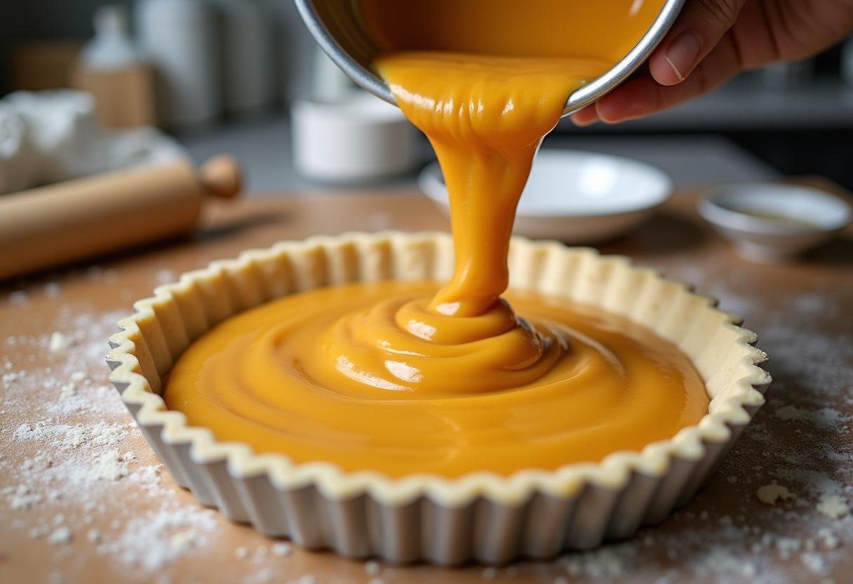 Verser la garniture dans la croûte de la tarte aux carottes, avec des ustensiles de cuisine en désordre dans un décor de cuisine accueillant.