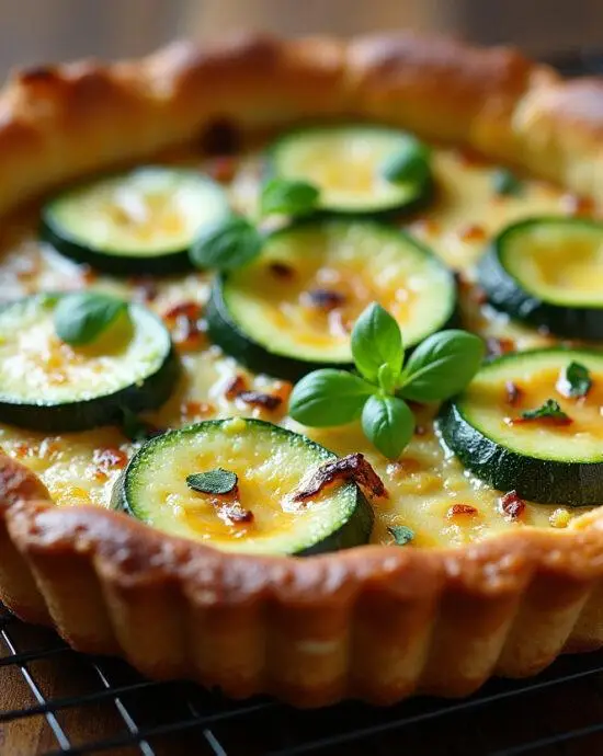 Tarte aux courgettes et ricotta légère, un plat savoureux et décoratif refroidissant sur une grille en bois.