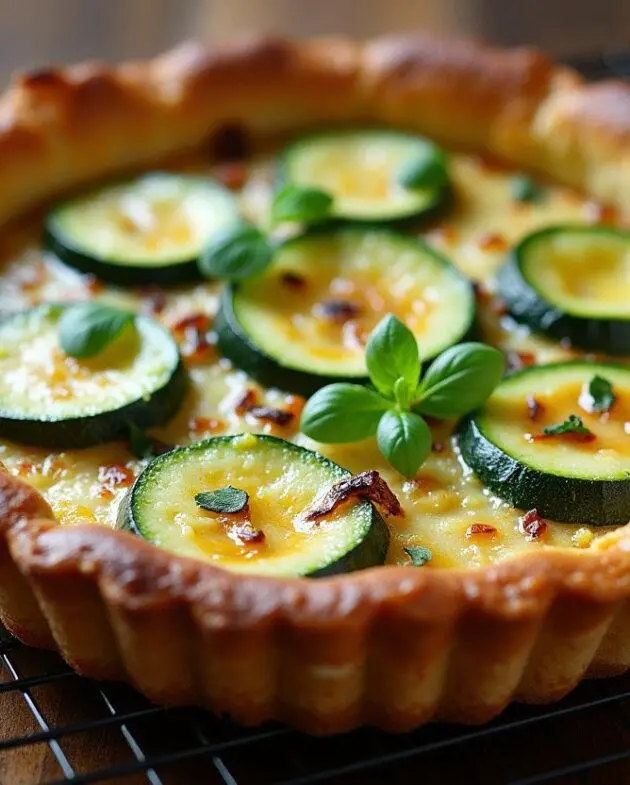 Tarte aux courgettes et ricotta légère, un plat savoureux et décoratif refroidissant sur une grille en bois.
