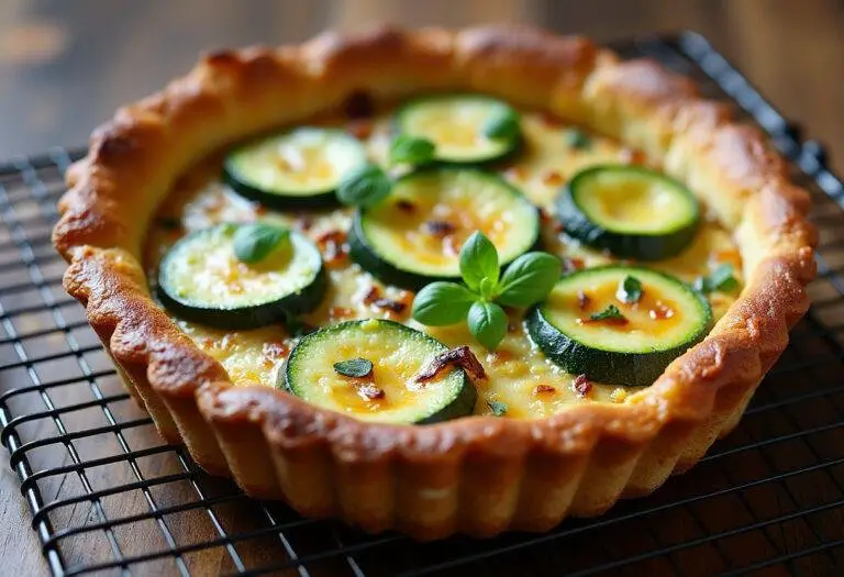 Tarte aux courgettes et ricotta légère, un plat savoureux et décoratif refroidissant sur une grille en bois.