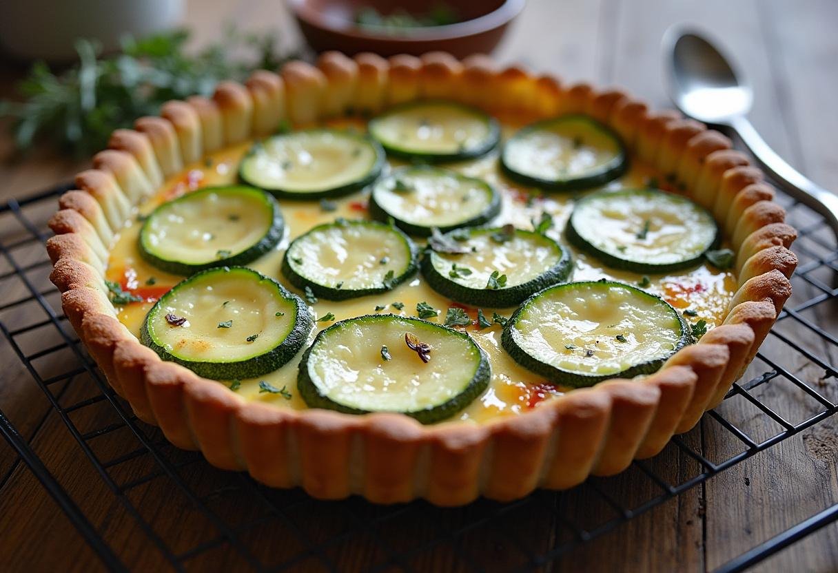 Tarte aux courgettes et ricotta légère, un plat savoureux et décoratif refroidissant sur une grille en bois.