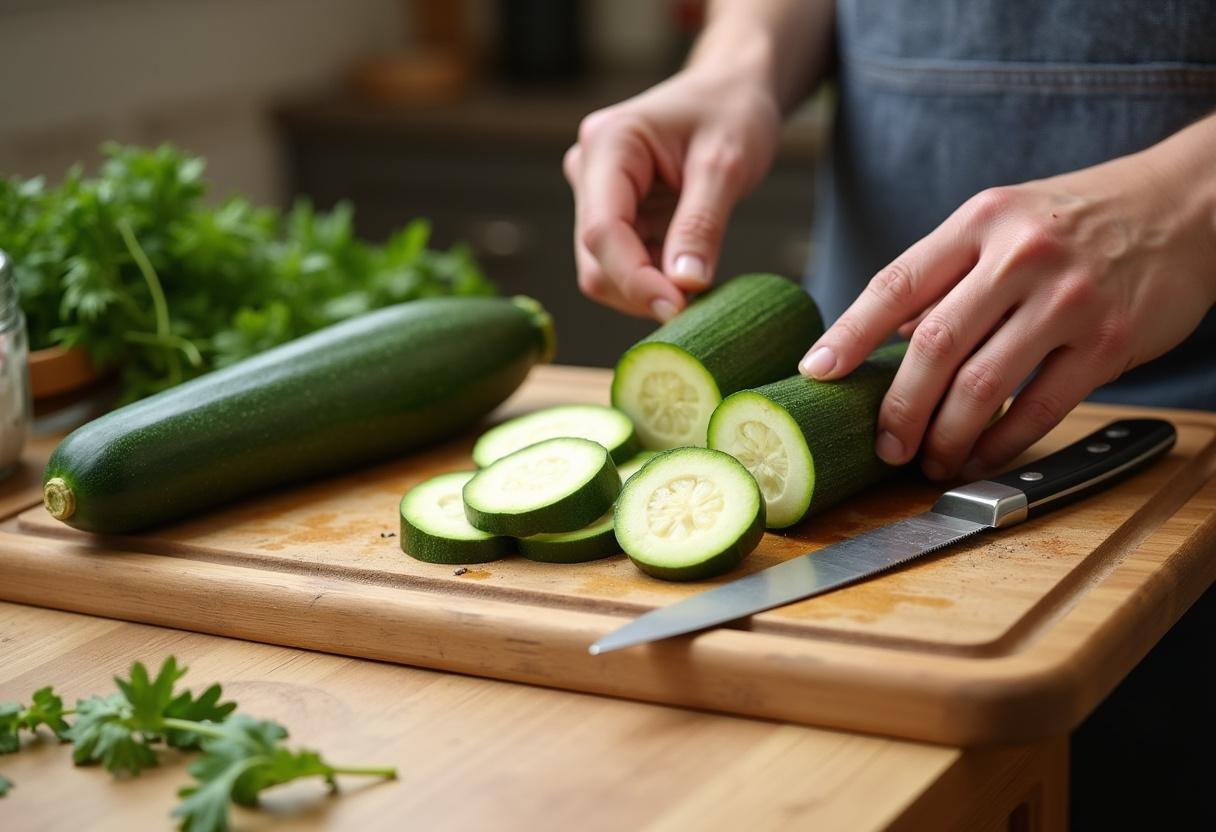 Préparation de la tarte aux courgettes et ricotta avec des courgettes fraîches sur une planche à découper.