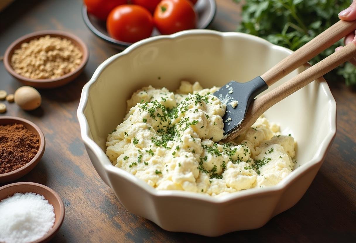 Mélange de ricotta pour la tarte aux courgettes et ricotta, avec des herbes et des assaisonnements dans un bol.