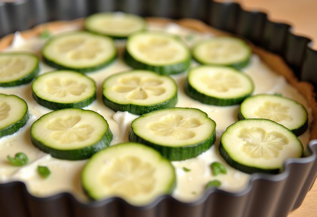 Montage de la tarte aux courgettes et ricotta avec une croûte de tarte et des courgettes disposées sur le mélange de ricotta.