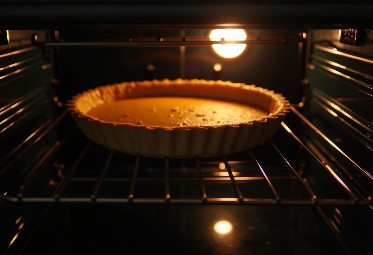 Cuisson de la tarte aux courgettes et ricotta dans le four, avec un éclairage chaleureux fluorescent.