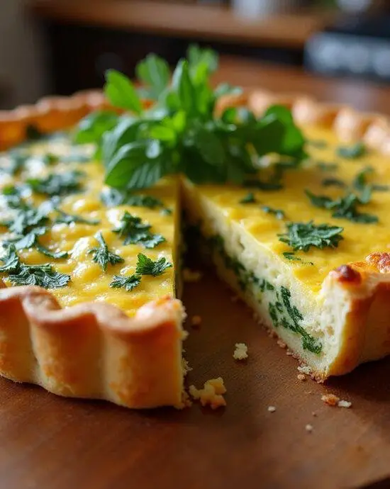 Une tarte aux épinards frais parfaitement cuite, mettant en valeur la croûte dorée et la garniture verdoyante, prête à être servie.