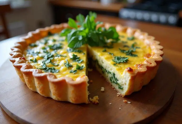 Une tarte aux épinards frais parfaitement cuite, mettant en valeur la croûte dorée et la garniture verdoyante, prête à être servie.