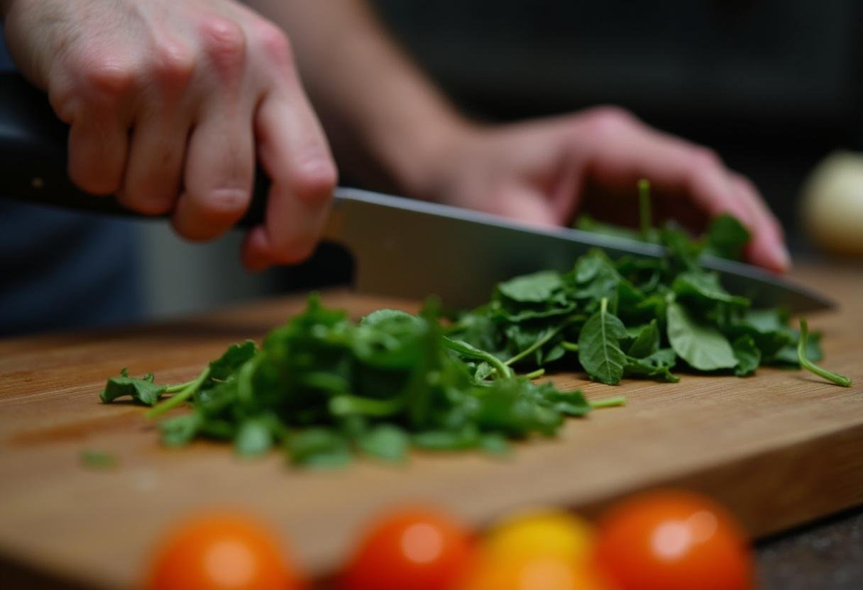 Couper des épinards frais, une étape clé pour réaliser une délicieuse tarte aux épinards frais.