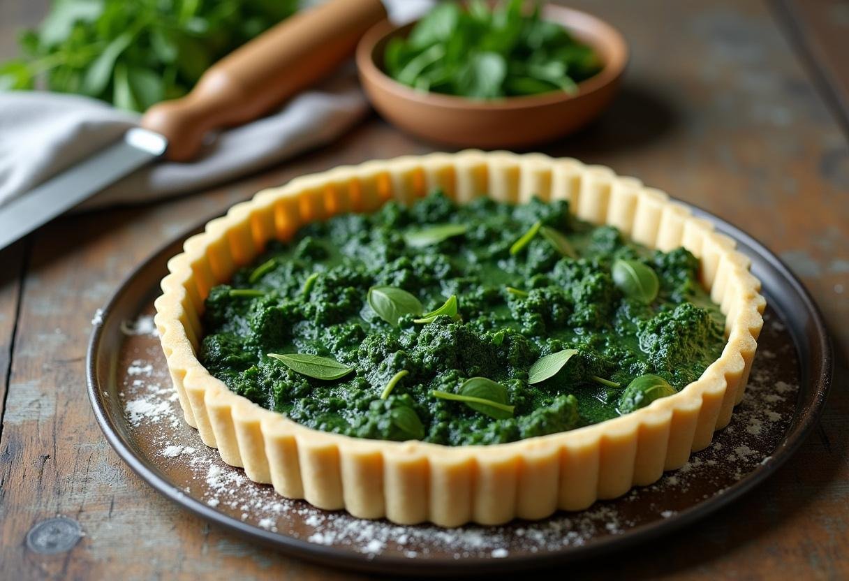 Remplir une croûte de tarte avec la garniture d'épinards frais avant la cuisson, illustrant le processus de préparation d'une tarte aux épinards frais.