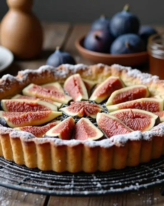 Tarte aux figues fraîchement cuite, dorée et saupoudrée de sucre glace, présentée avec des figues fraîches et du miel sur une table en bois rustique.