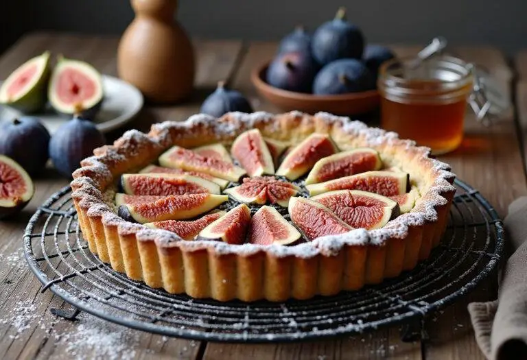 Tarte aux figues fraîchement cuite, dorée et saupoudrée de sucre glace, présentée avec des figues fraîches et du miel sur une table en bois rustique.