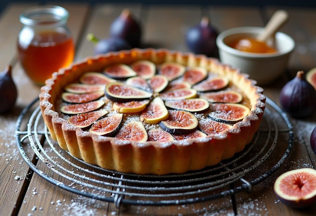 Tarte aux figues fraîchement cuite, dorée et saupoudrée de sucre glace, présentée avec des figues fraîches et du miel sur une table en bois rustique.