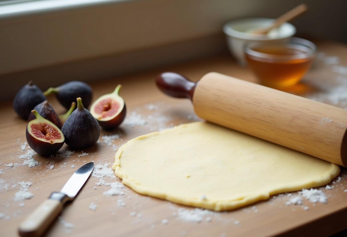 Préparation de la pâte feuilletée pour la tarte aux figues de ma grand-mère avec des figues fraîches et du miel sur un comptoir en bois.