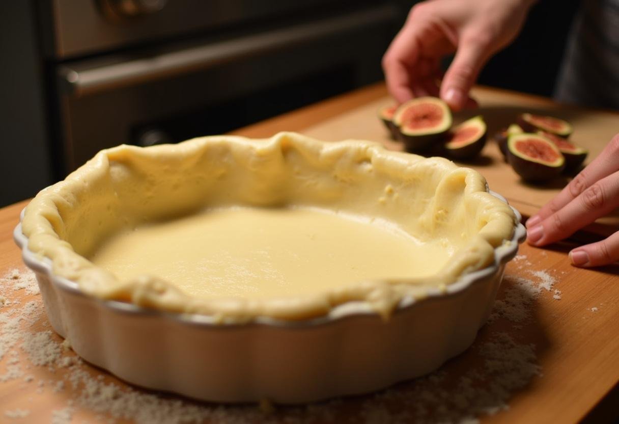 Alignement de la pâte feuilletée dans un plat pour la tarte aux figues, avec des figues fraîches découpées en quartiers sur une planche à découper.