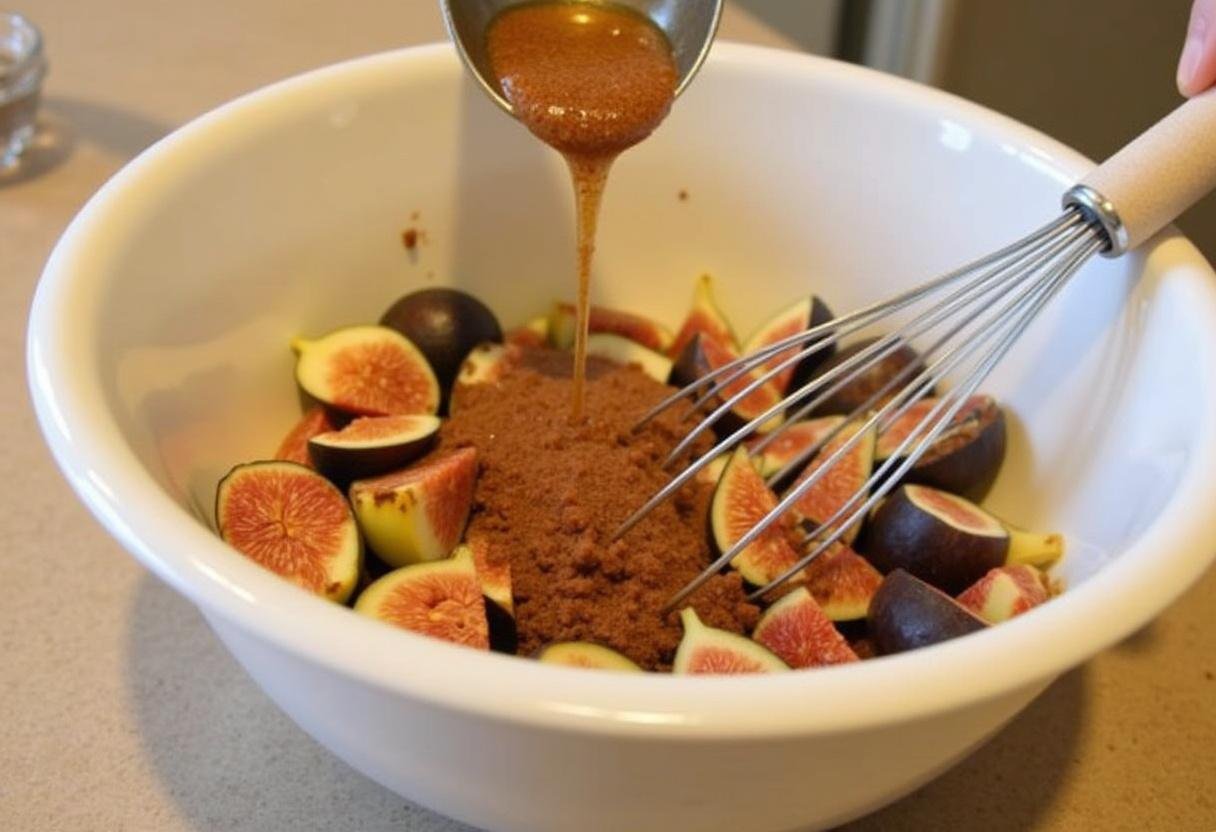 Préparation de la garniture avec des figues fraîches et du miel, assaisonnées de cannelle, pour la délicieuse tarte aux figues.