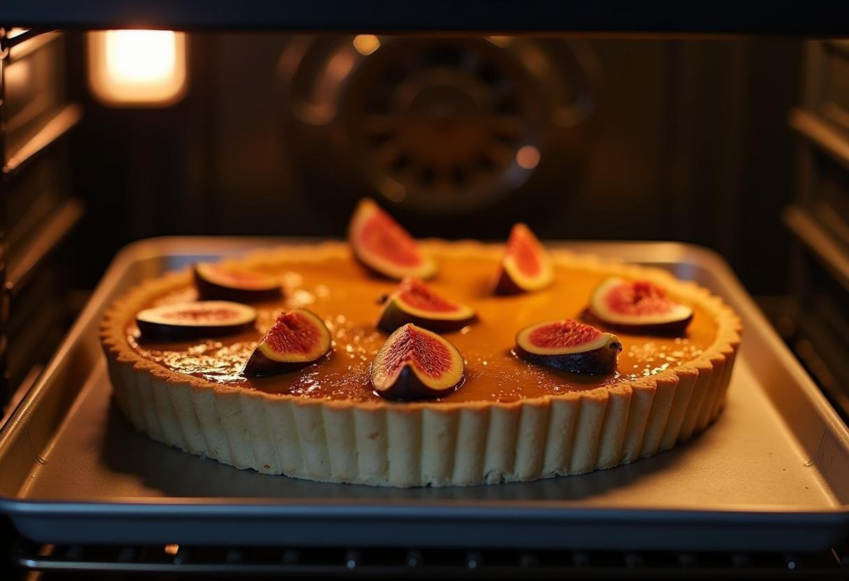 La tarte aux figues de ma grand-mère prête à être cuite au four, visible avec des figues fraîchement disposées sur le dessus.