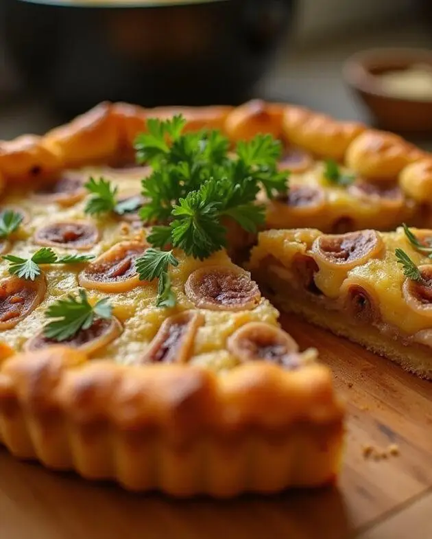 Tarte aux oignons et lardons parfaitement cuite, présentation sur une planche en bois, délicieuse et dorée.