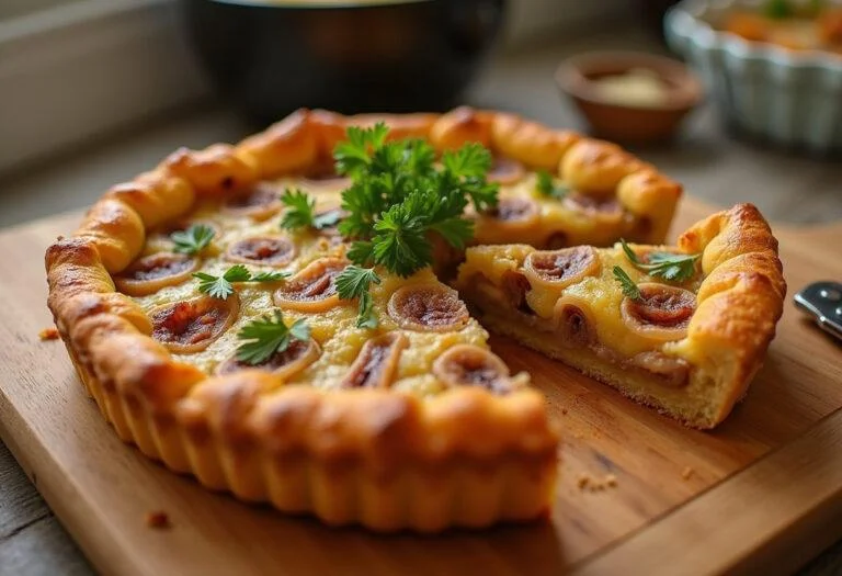 Tarte aux oignons et lardons parfaitement cuite, présentation sur une planche en bois, délicieuse et dorée.