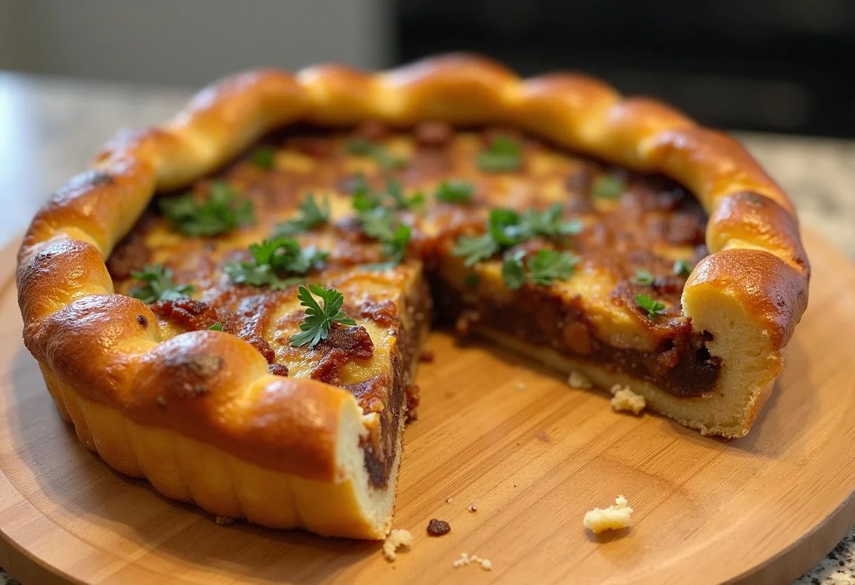 Tarte aux oignons et lardons parfaitement cuite, présentation sur une planche en bois, délicieuse et dorée.