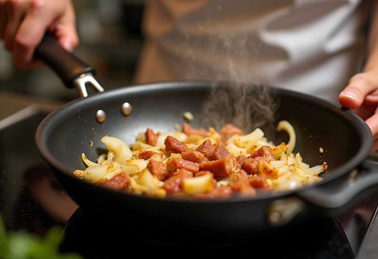 SautĂ© d'oignons et lardons dans une poĂȘle, pour tarte aux oignons et aux lardons, ambiance de cuisine chaleureuse.