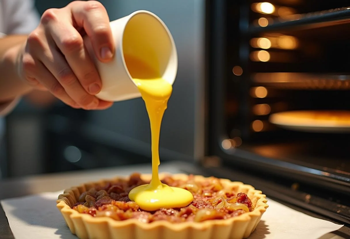 Versement du mĂ©lange d'Ćufs sur la tarte aux oignons et lardons, prĂ©paration Ă la cuisson dans le four.