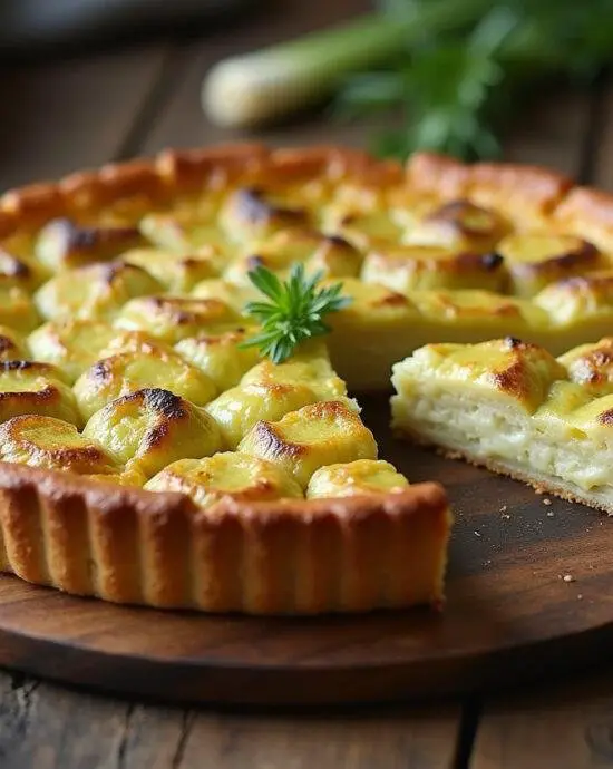 Tarte aux poireaux thermomix finie, prête à être servie dans un cadre chaleureux.