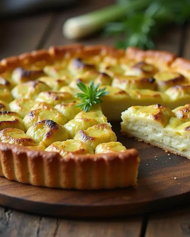 Tarte aux poireaux thermomix finie, prête à être servie dans un cadre chaleureux.