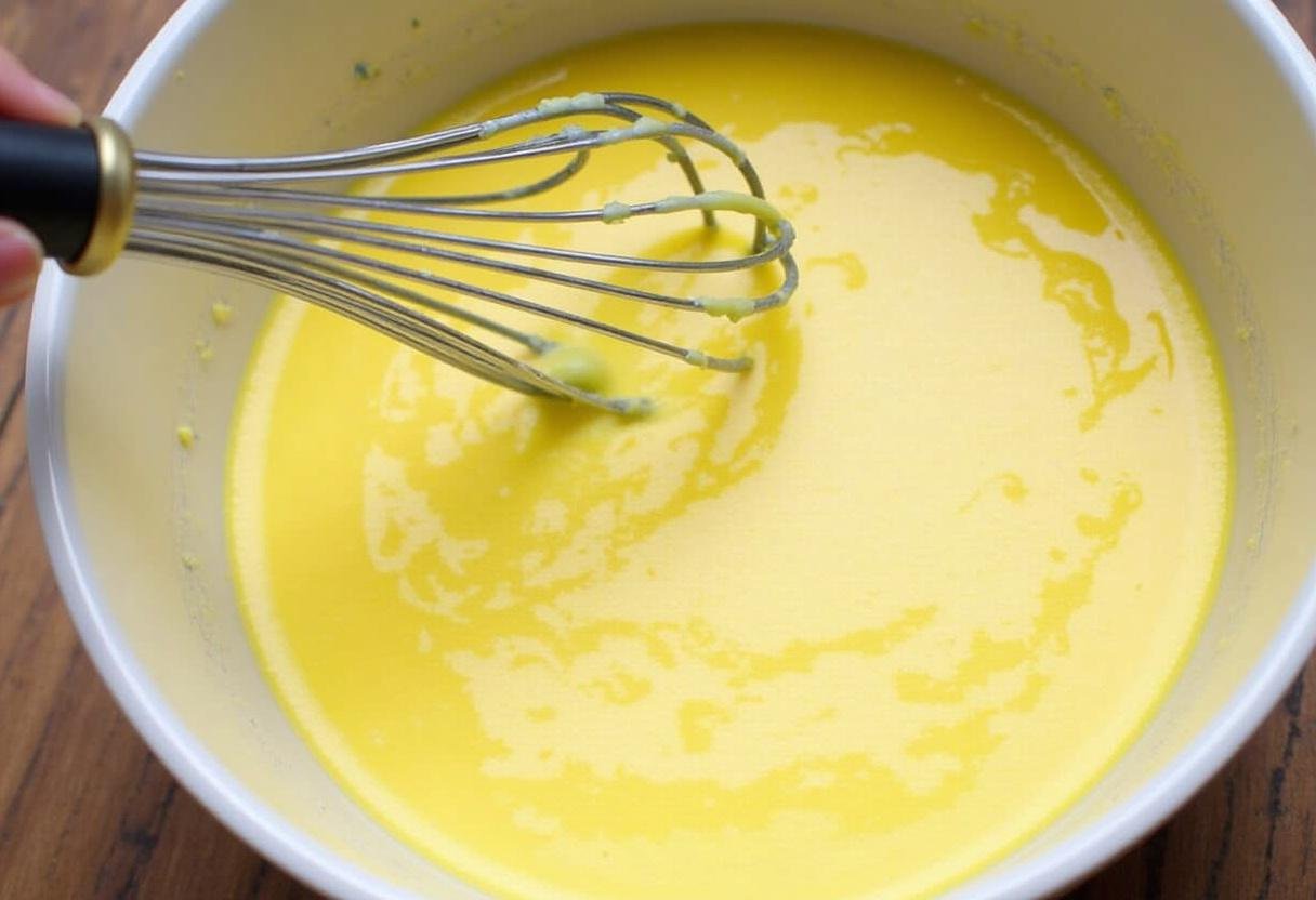 MĂ©lange d'Ćufs et de crĂšme pour la tarte aux poireaux pĂąte feuilletĂ©e.