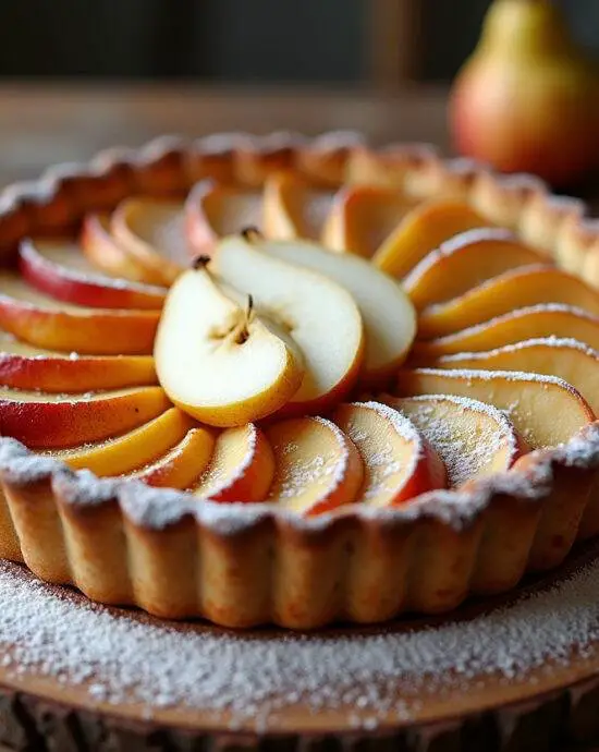 Tarte aux poires et pommes cuite à la perfection, mise en valeur sur une table en bois avec une garniture de sucre glace.