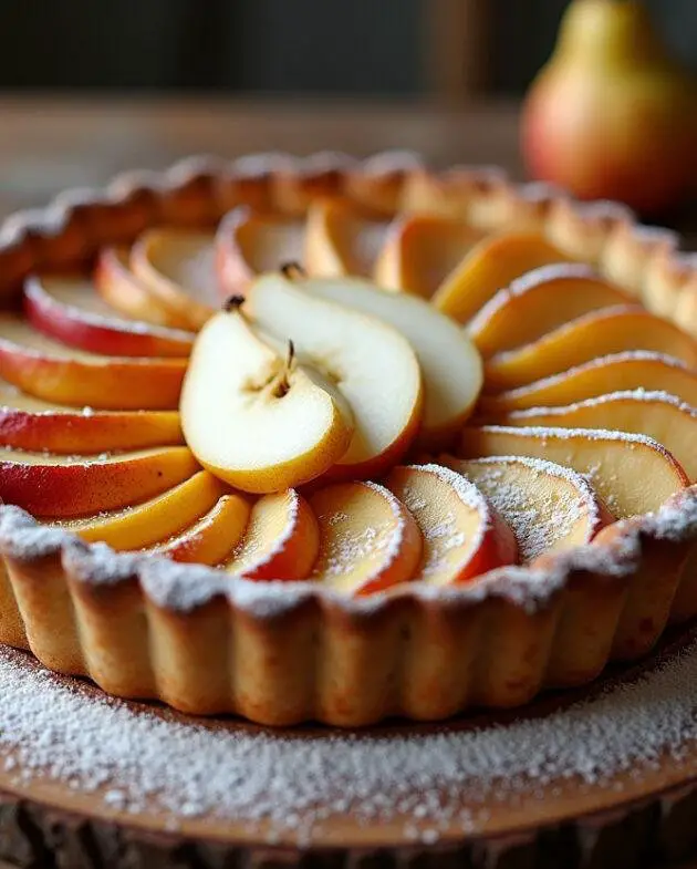 Tarte aux poires et pommes cuite à la perfection, mise en valeur sur une table en bois avec une garniture de sucre glace.