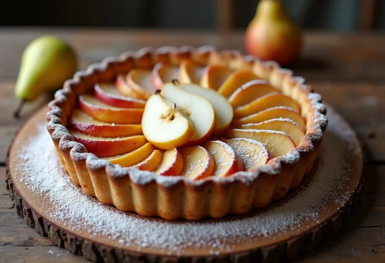 Tarte aux poires et pommes cuite Ă la perfection, mise en valeur sur une table en bois avec une garniture de sucre glace.