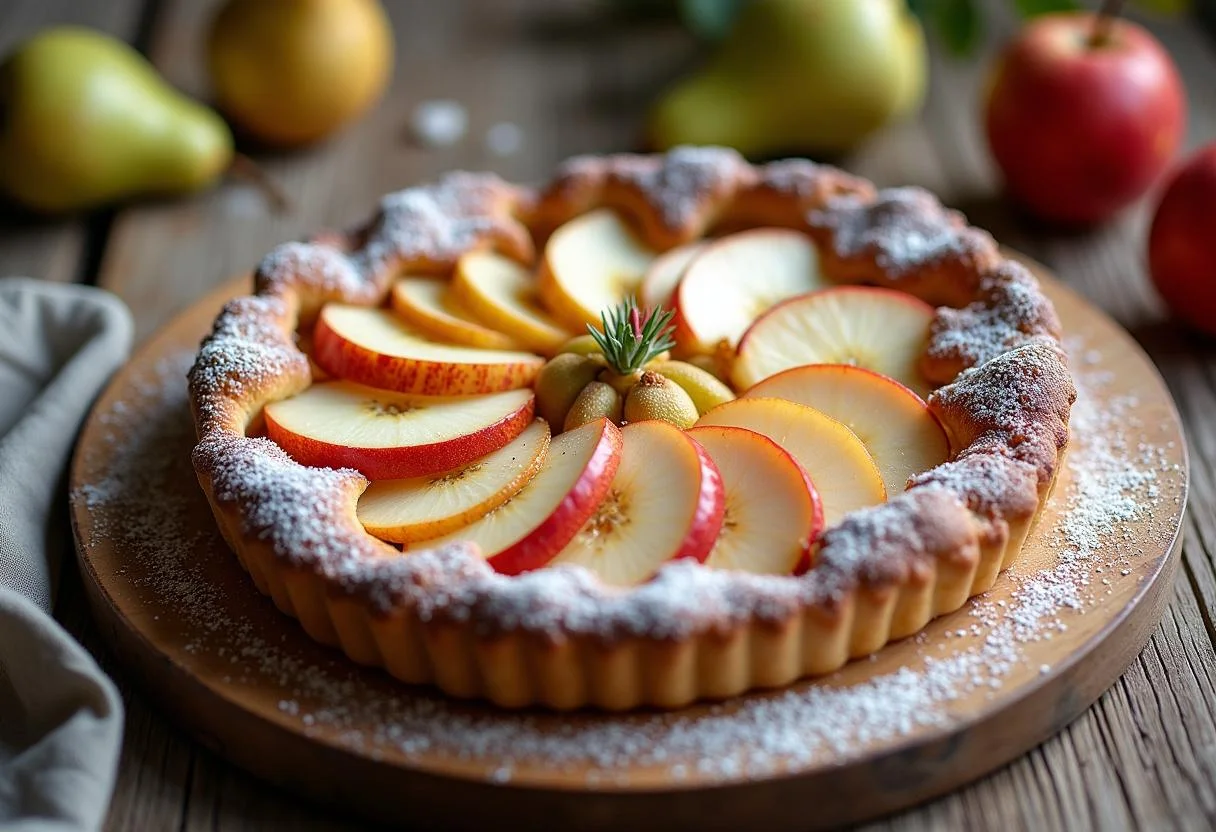 Tarte aux poires et pommes cuite Ă la perfection, mise en valeur sur une table en bois avec une garniture de sucre glace.