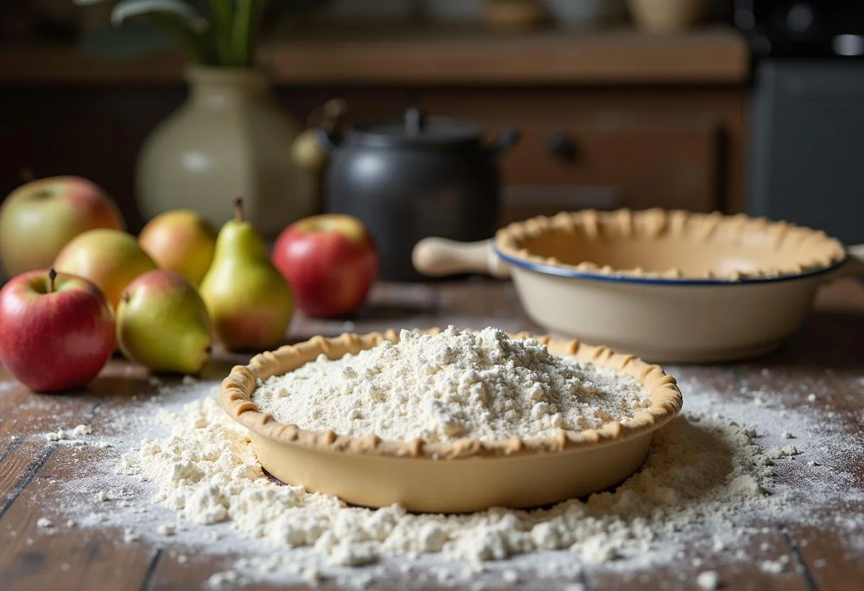 Préparation des ingrédients pour une tarte aux pommes et poires dans une cuisine rustique.