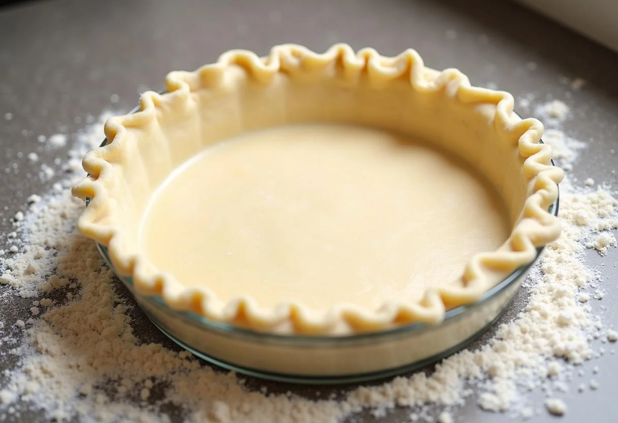 Abaisse de pĂąte pour tarte aux pommes et poires prĂȘte Ă ĂȘtre mise dans un plat Ă tarte.