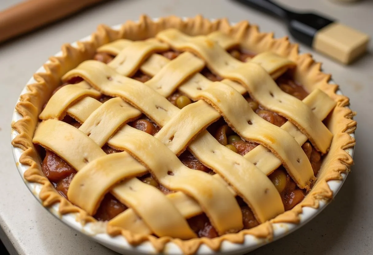 Tarte aux poires et pommes prĂȘte Ă cuire, avec un couvercle en treillis, sur un plan de travail de cuisine.