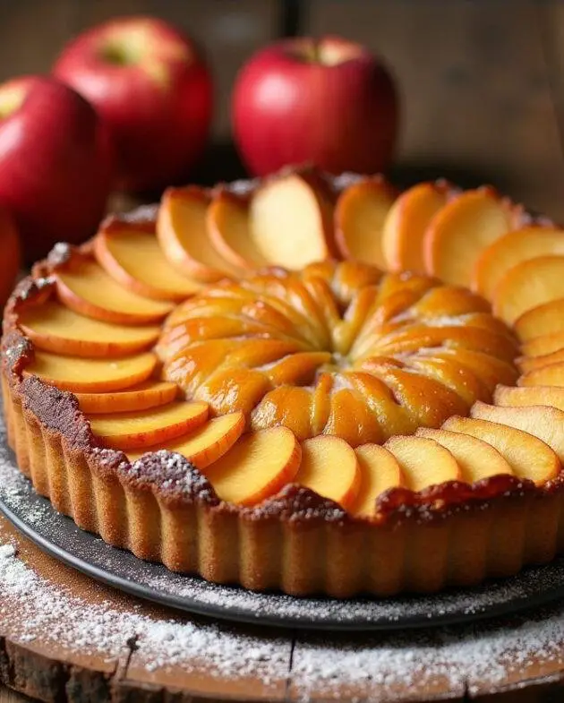 Une tarte aux pommes dorée et brillante est présentée sur une table en bois, entourée de pommes fraîches, illustrant la beauté de la tarte pomme et compote.