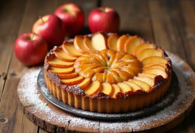 Une tarte aux pommes dorée et brillante est présentée sur une table en bois, entourée de pommes fraßches, illustrant la beauté de la tarte pomme et compote.