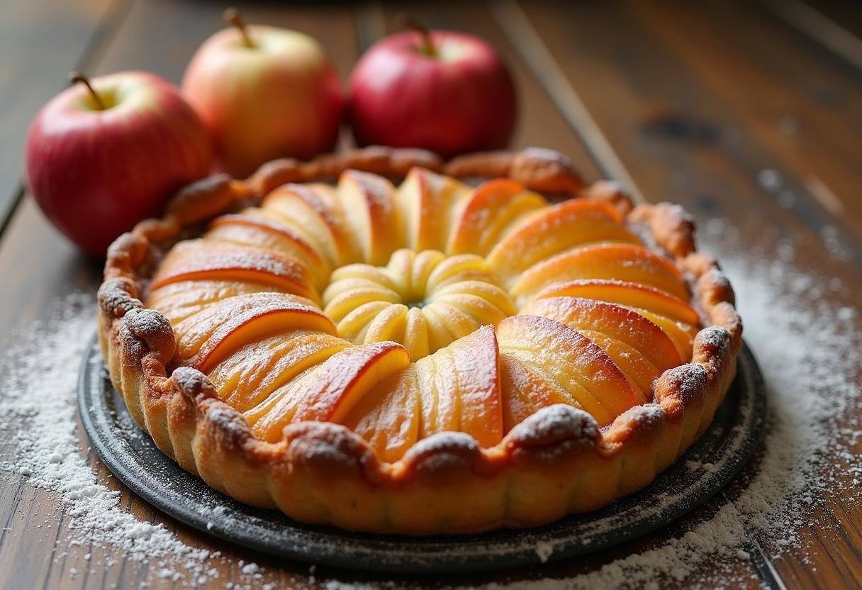 Une tarte aux pommes dorée et brillante est présentée sur une table en bois, entourée de pommes fraßches, illustrant la beauté de la tarte pomme et compote.