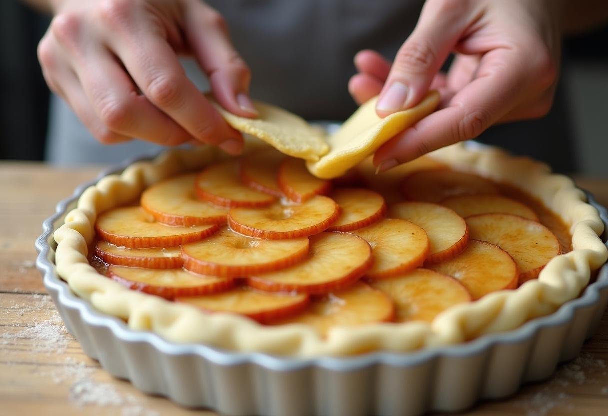 Un chef assemble une tarte aux pommes en versant la compote sur la pùte, montrant la préparation soignée de cette délicieuse tarte au pomme compote.