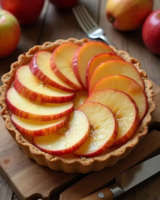 Tarte aux pommes avec crème pâtissière sur une table en bois, mettant en valeur les tranches de pommes brillantes et la crème douce.