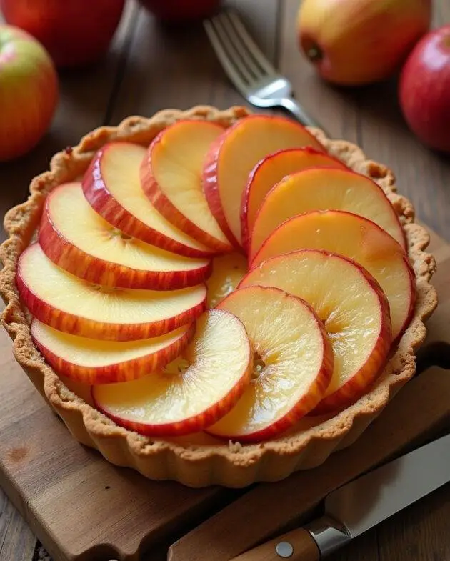 Tarte aux pommes avec crème pâtissière sur une table en bois, mettant en valeur les tranches de pommes brillantes et la crème douce.