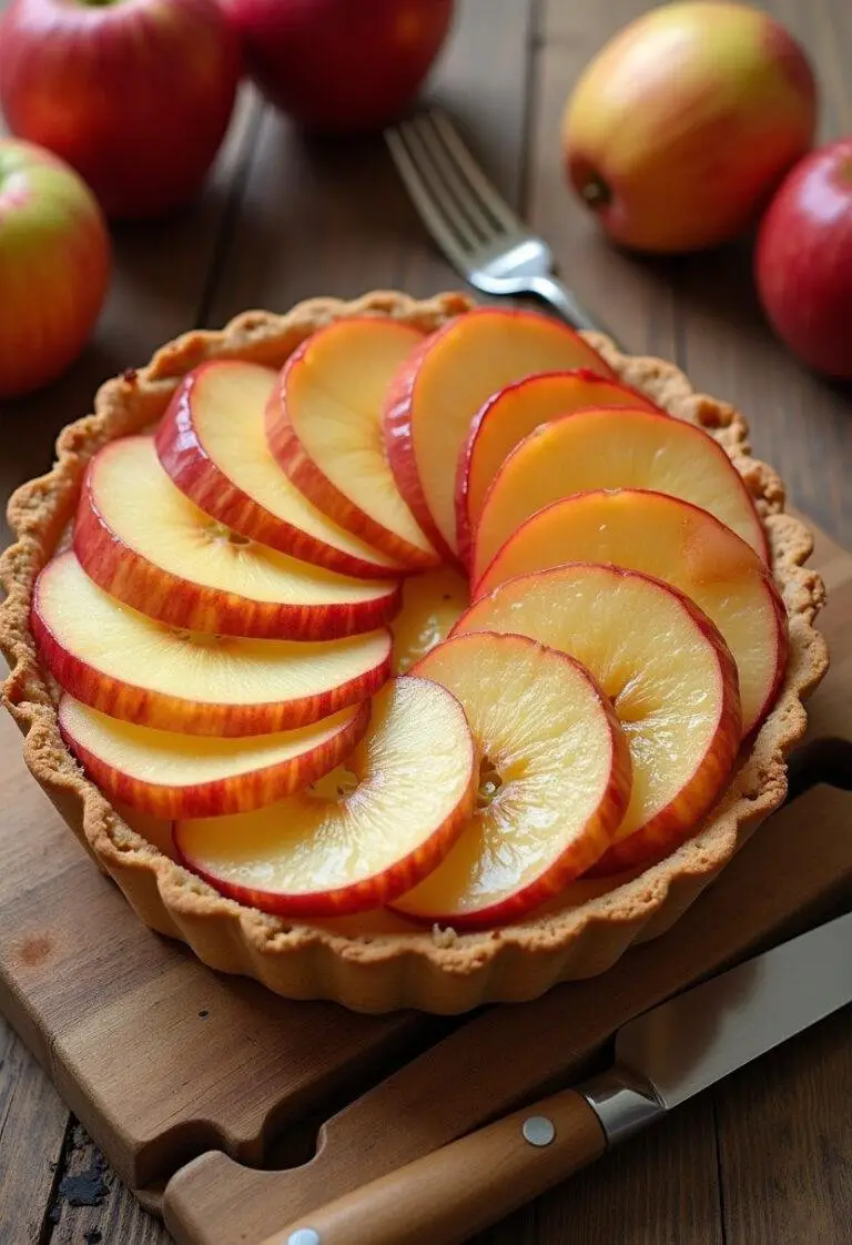 Tarte aux pommes avec crème pâtissière sur une table en bois, mettant en valeur les tranches de pommes brillantes et la crème douce.